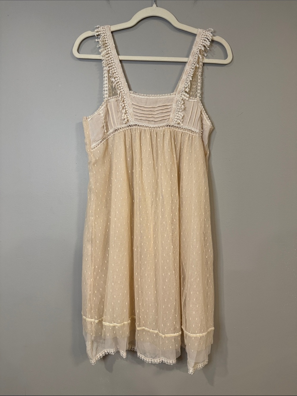 In Story cream made in Korea ruffled bohemian mini dress with mesh and lace